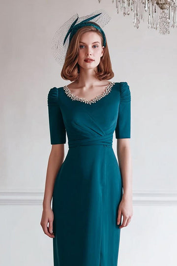 Paon Bleu Mousseline Fourreau Bateau Mère de la Mariée Robe avec Fente